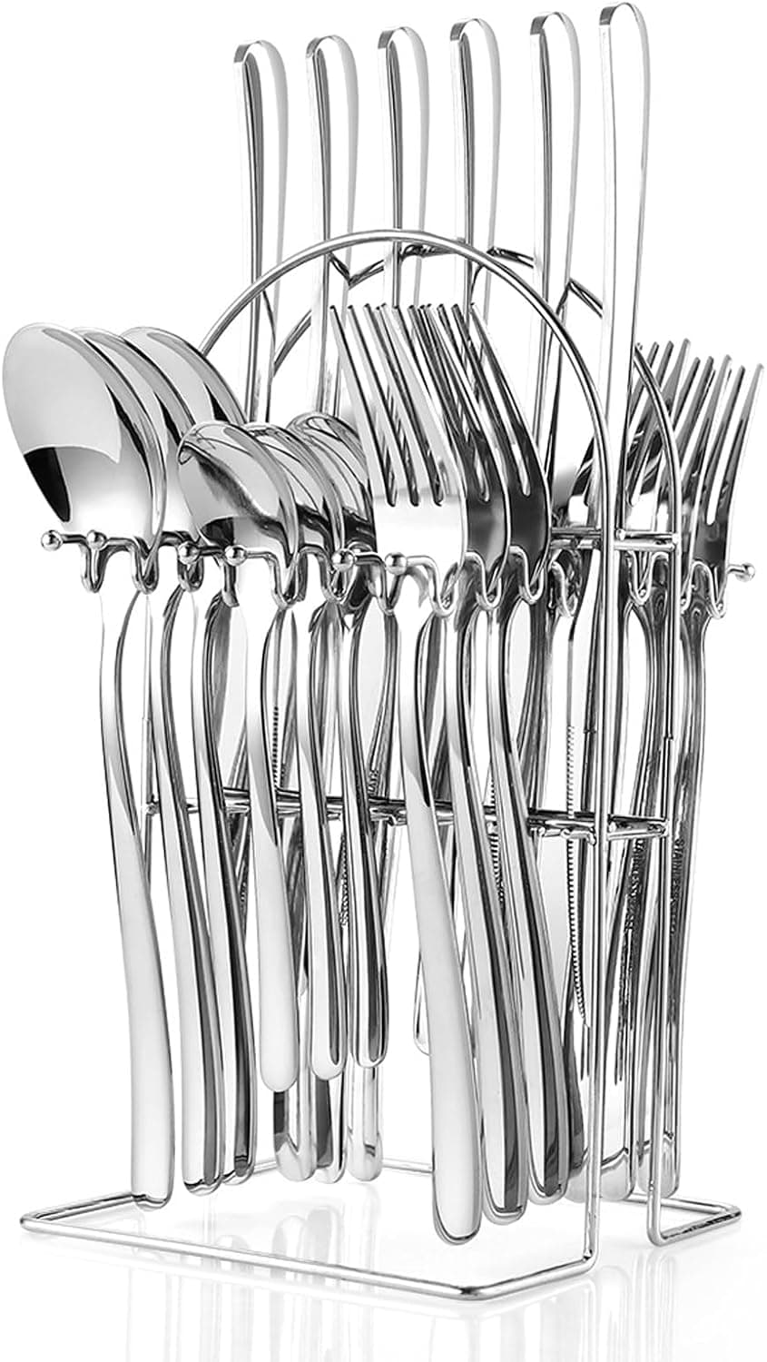 24 Pieces Flatware Set, Stainless Steel Cutlery Set with Silverware Holder, Modern Gold Silverware Set Includes Dinner Knives Forks Spoons,Hanging Silverware (Silver)