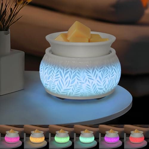 Ceramic Wax Melt Warmer for Scented Wax Warmer 3-in-1 Electric Fragrance Candle Warmer Lamp with 7 Colors LED Light for Mothers Day Birthday Gifts for Women Daughter Girl Home Office Deco(White-01)