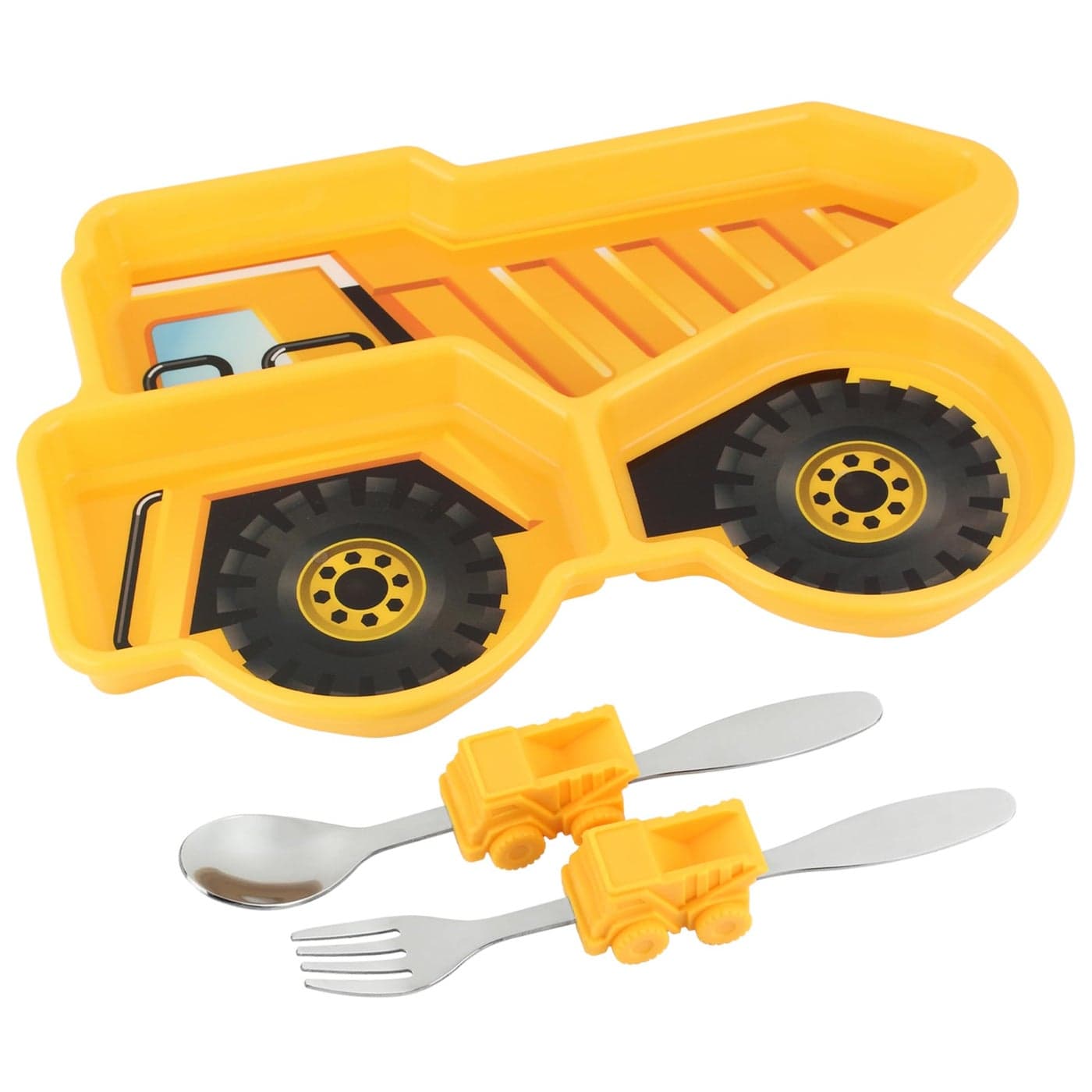 Funwares Yellow Dump Truck Engaging Kids Dinnerware Set Durable Divided Plate Spoon and Fork Ideal for Picky Eaters Educational Mealtime Easy Cleaning Gift for Toddlers