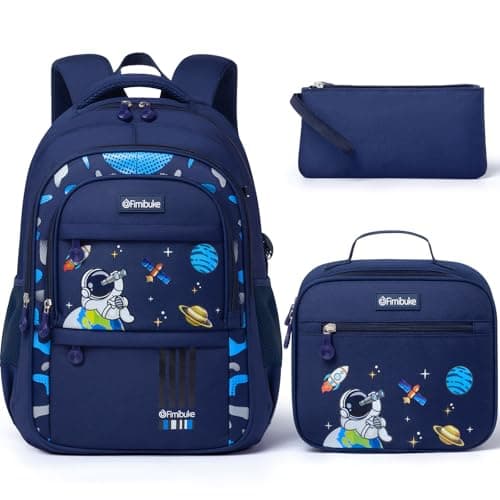 Fimibuke Kids Backpack for School Boys - 3 PCS Waterproof Teen Boy Backpack with Lunch Box & Pencil Pouch Set, School Bag Bookbag Daypack for Kindergarten Elementary Middle School, Age 5+(Space Blue)