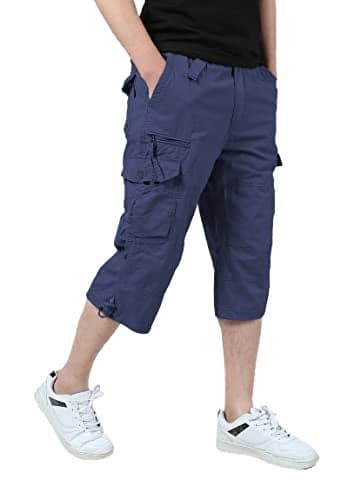 iMackky Men's 3/4 Cargo Shorts Elastic Below Knee Capri Long Shorts Casual Loose Fit with 7 Pockets Navy 40