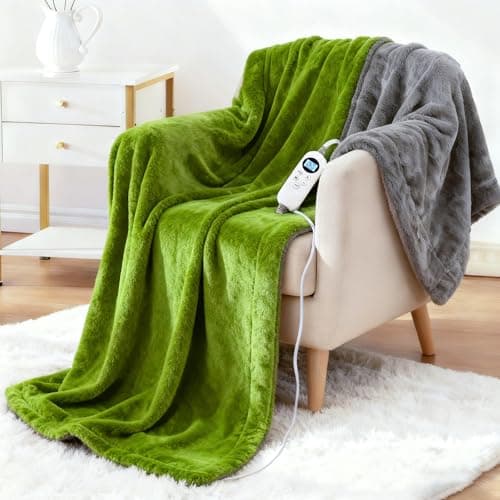 Electric Heated Blanket Throw 50" x 60" Soft Dual-Sided Flannel Fast Heating 12 Heat Levels 1–12H Timer & Overheat Protection & Auto Shut-Off & Machine Washable (Lime Green & Gray)