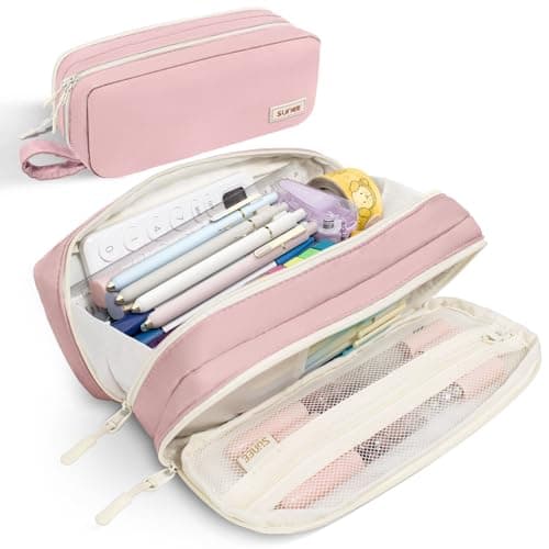 SUNEE Pencil Case Large Capacity Pencil Pouch Aesthetic Pen Bag Office Stationery Organizer Simple Sturdy Multifunctional for Teen Girls Women Men Pink