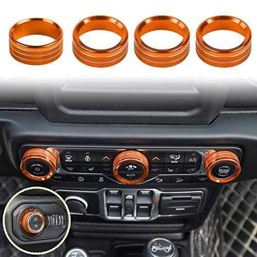 Air Conditioner Headlight Switch Knob Cover Trim for Jeep Wrangler JL JLU Gladiator JT 20182026 Interior Accessories AC Light Control Dial Covers Aluminum Alloy 4pcs Orange