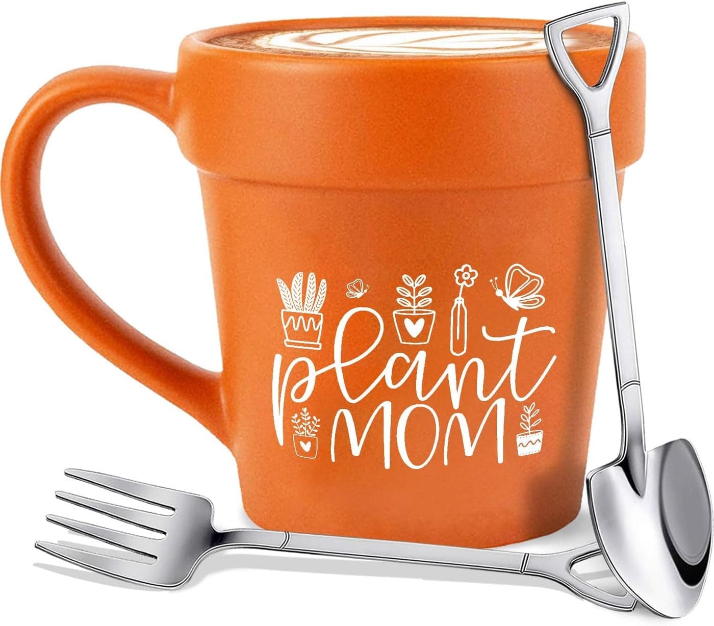 Plant Mom Gardener Coffee Mug Plant Pot Mug With Shovel Spoon Fork Handmade Gardener Gifts for Women Mothers Day gifts for Grandma Nana Mom Mommy Birthday gifts for Women Flower Pot Cup Tea Cup