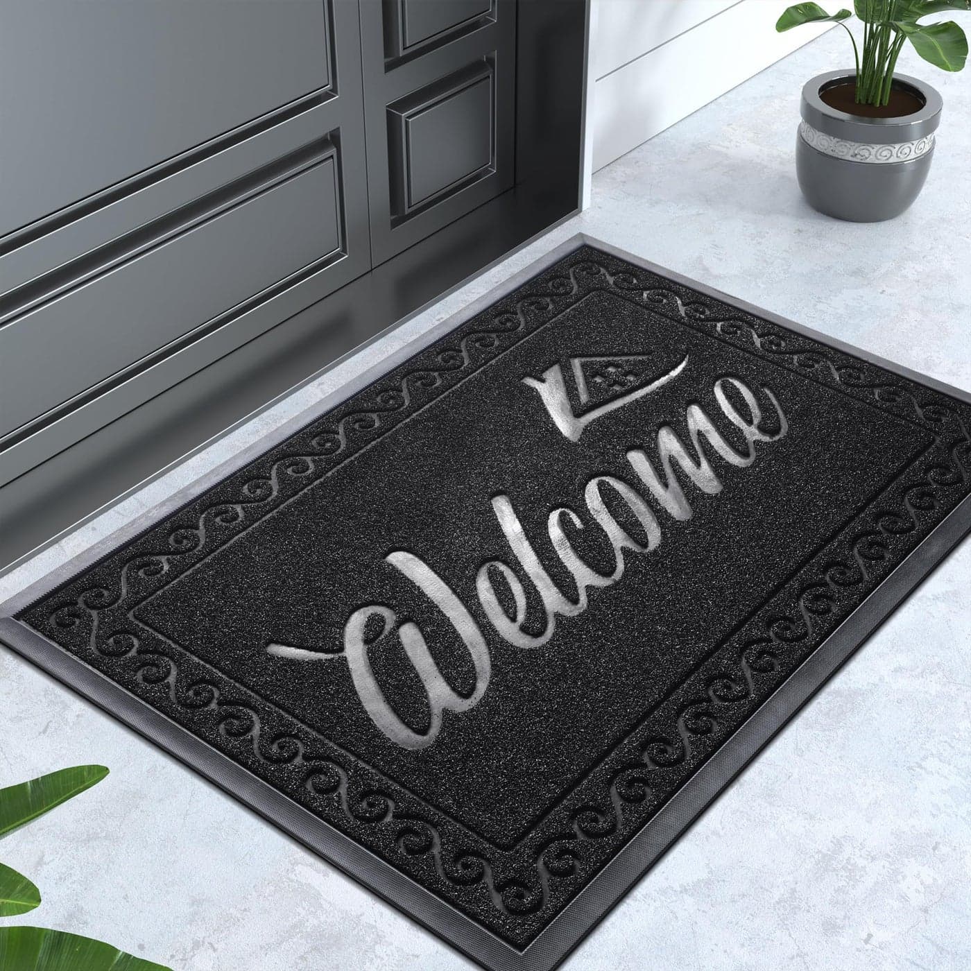 Yimobra Welcome Front Door Mat Heavy Duty Easy Clean Doormat Indoor Outdoor Waterproof Quick Dry Floor Mat for Home Garage Hign Traffic Areas Non Slip Low Profile 36X24 Inches Black