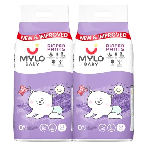 Mylo Baby Diaper Pants Large (L) Size 9-14 kgs (64 count) Leak Proof | Lightweight | Rash Free | Upto 12 Hours Protection | ADL Technology | with Aloe Vera Lotion (32 Count, Pack of 2)