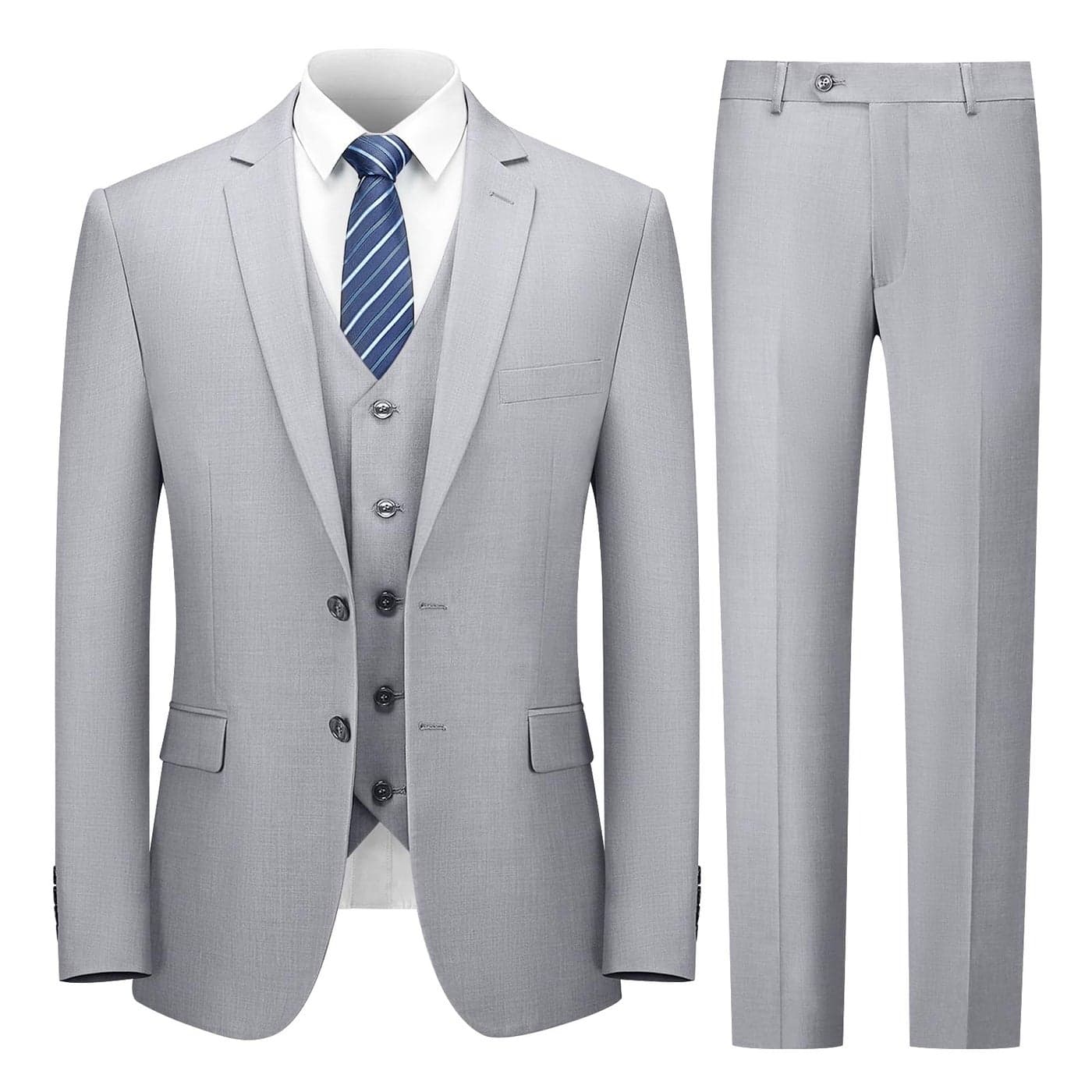 Cooper Nelson 3 Piece Mens Suit Set 2 Button Slim Fit Suit for Men Solid Jacket Vest Pants and Tie Light Grey L