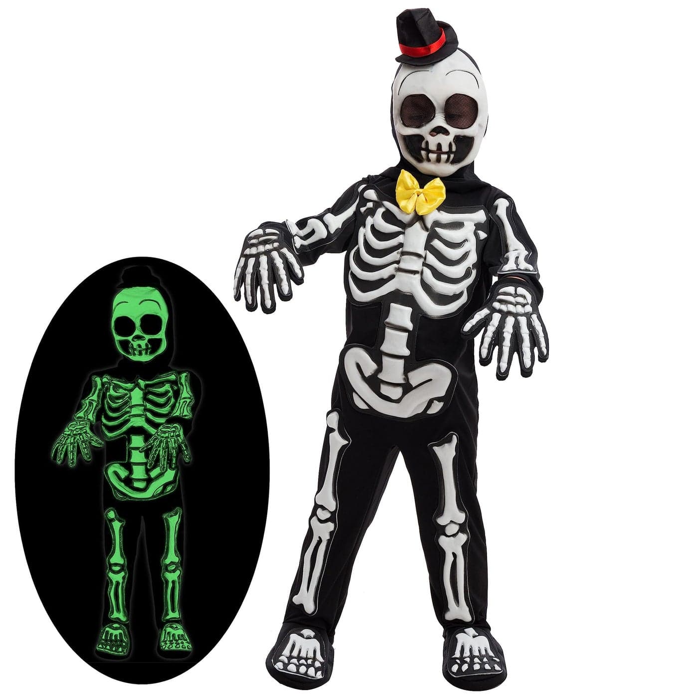 Spooktacular Creations Glows in the Dark Skeleton Costume, Black Skelebones Jumpsuit, Bone Halloween Costume for Toddler, Kids, Boys-M(8-10yr)