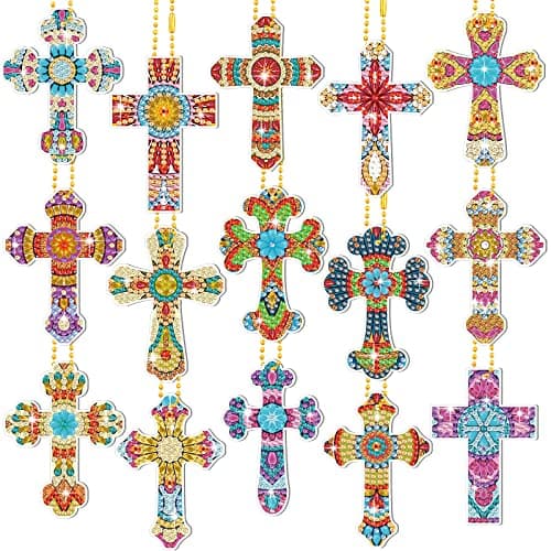 Inbagi 15 Pcs Easter Cross Diamond Painting Keychains Kits 5d DIY Cross Diamond Art Key Chains Pendant Ornaments for Easter Party Favors Gifts