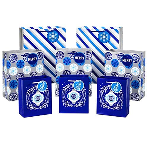 Hallmark Holiday Gift Bag Assortment Blue and Silver Pack of 8 Gift Bags 3 Small 6 3 Medium 9 2 Large 13 Ornaments Snowflakes Stripes