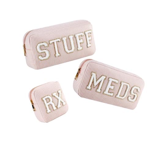 uekeboag Seersucker Chenille Letter Stuff Meds RX Makeup Bag Travel Washable Purse Organizer with Zipper Lightweight Toiletry Cute Personalized Preppy Cosmetic Bag For Women and Girls3pcs Pink