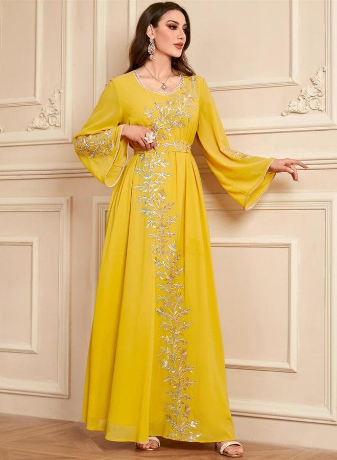 Women Yellow Floral Embroidery Jalabiya