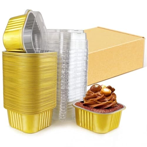 Lewarm 14 oz Mini Cake Pans with Lids 60 Pack Small Square Aluminum Baking Pan Creme Brulee Ramekins Oven Safe Premium Dessert Cups for Wedding Party