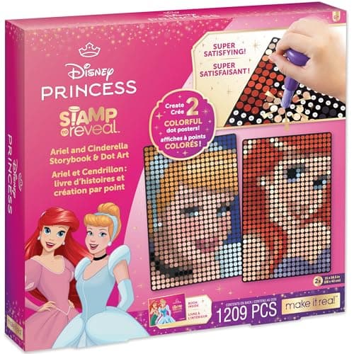 Make It Real: Disney Stamp to Reveal Ariel & Cinderella Storybook & Dot Art - 1209 pcs, DIY 2 Princess Dot Posters, Craft Kit, Girls & Kids Ages 6+