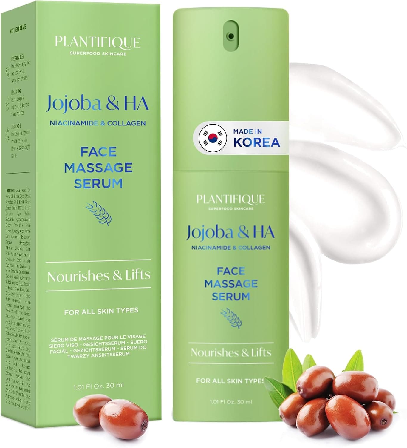 PLANTIFIQUE Korean Jojoba Oil Hyaluronic Acid Face Massage Serum Hydrating AntiAging Collagen Niacinamide Formula Perfect for Gua Sha Facial Massage Gift for Men Women