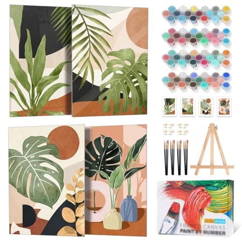 4 Pack Framed Paint by Numbers Kit for Adults Beginner with Wooden Easel Green Plant Paint by Number Kits with Frame DIY Acrylic Simple Painting by Numbers for Home Wall Decor Gift 8x12 inch