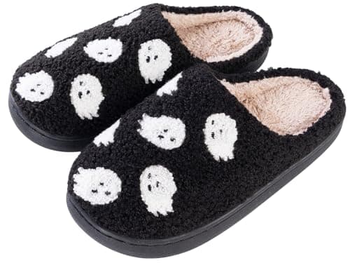 Tellrain Ghost Slippers Women Adults Halloween Fun Spooky House Fuzzy Slipper Unisex Comfy Soft Cozy Men Shoes Bedroom Cutest Cookie