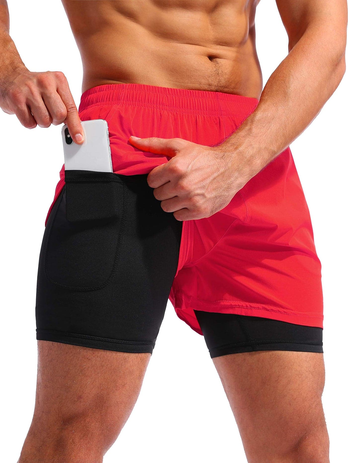 Pudolla Men’s 2 in 1 Running Shorts 5" Quick Dry Gym Athletic Workout Shorts for Men with Phone Pockets(Dark Red Small)