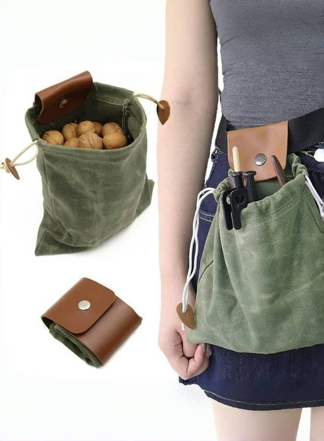 Waxed Canvas u0026 Leather Foraging Pouch | Waterproof Collapsible Belt Bag for Mushroom Picking, Bushcraft u0026 Hiking | Drawstring Buckle Waist Pack with Detachable Straps