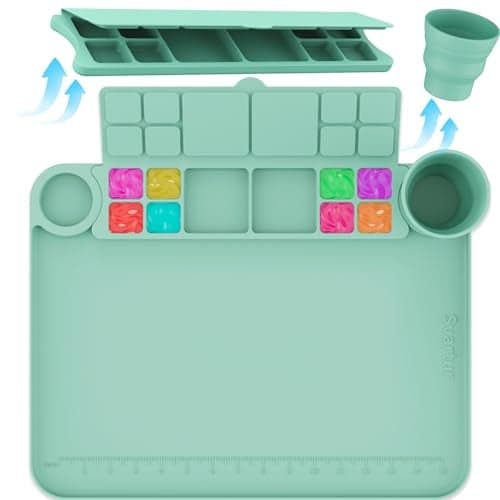 Svartur Silicone Painting Mat With Cup and Palette Detachable, 17"X13" Thick Craft Mat With Raised Edge for Artist, Kids Painting Station Creator Mat, Green