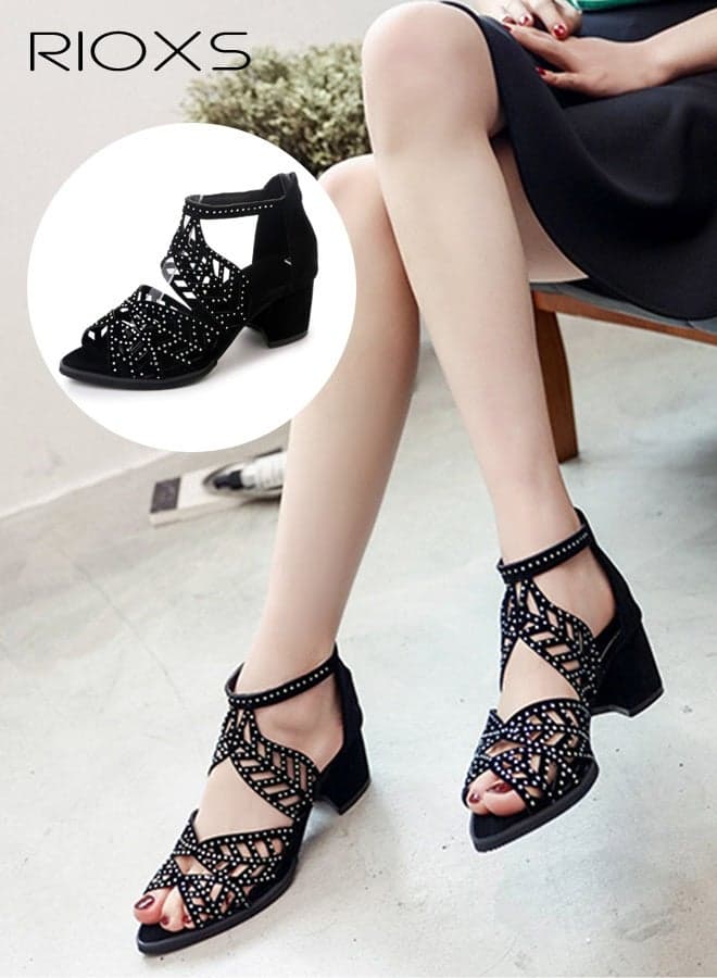 Heeled Sandals for Women, Fashion Chunky Heel Sandals, Ladies Open Toe Shoes with Rhinestone Ankle Buckle, Women's Hollow Roman Sandals, Lightweight Comfy Heels, Evening Party Heeled Sandals, Vacation Fashion Sandals, Black Sandals