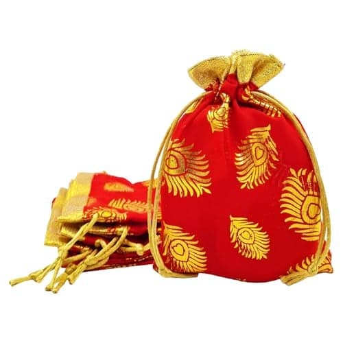 Soul Artisan Potli Drawstring Bag Red Color - Feather Design with Golden Border for Return Gifts, Wedding, Baby Shower, Haldi Functions, Dry Fruit and Jewelry Packaging Size 12X18 cm | Pack of 10