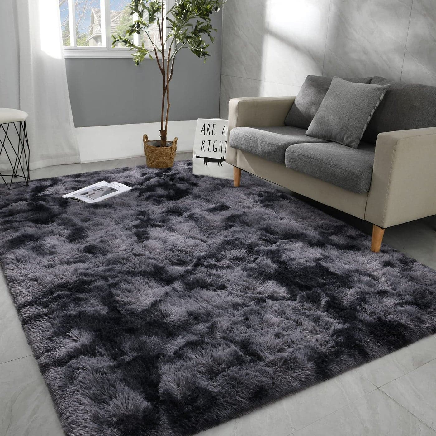Hutha 5x8 Large Area Rugs for Living Room Super Soft Fluffy Modern Bedroom Rug TieDyed Dark Grey Indoor Shag Fuzzy Carpets for Girls Kids Nursery Room Home Decor
