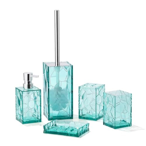 Clear Acrylic Bathroom Accessories Set - Rust-Free, Transparent Design - Includes Soap Dispenser, Toothbrush Holder, Cup, Soap Dish, and Toilet Brush 5-Piece (Teal Blue)