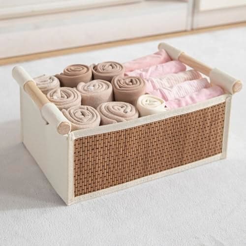 HOKIPO Pack of 1 Bamboo Storage Baskets with Wooden Handles – Small 30x21x12 cm Foldable Fabric Organizer Bin for Clothes & Home Storage – Bamboo Storage Boxes for Closet & Shelves (AR-6156)