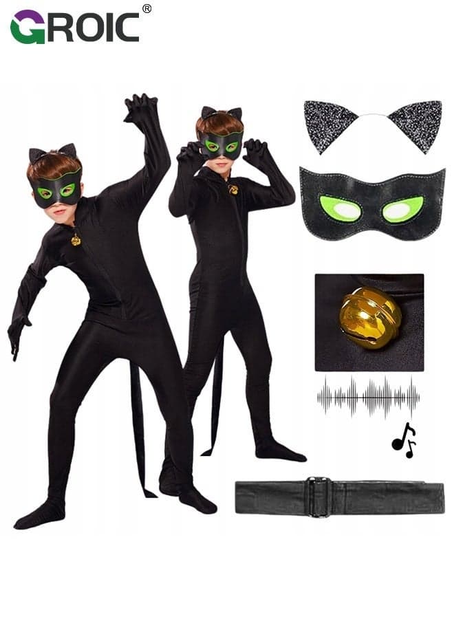 5PCS Miraculous Black Cat Costume Black Cat Cosplay Costume Kids Costume with Eye Mask, Ears, Bell, Tail