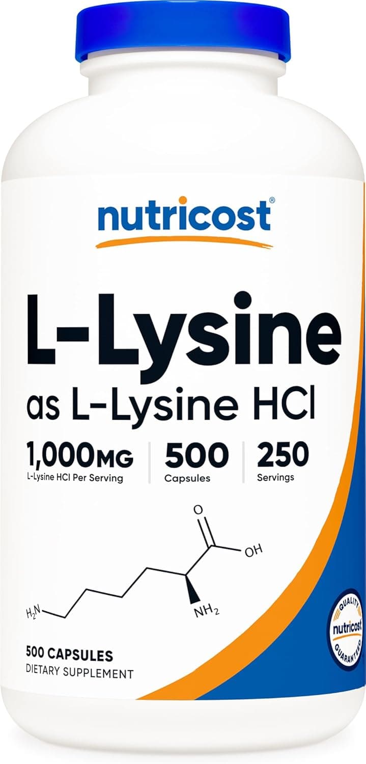Nutricost LLysine 1000mg Per Serving 250 Servings 500 Capsules Gluten Free NonGMO 500mg Per Capsule