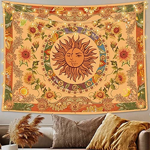 Accnicc Yellow Sun and Moon Tapestry Vintage Indie Boho Tapestry Wall Hanging with Sunflowers Butterfly Moth Constellation Aesthetic Wall Tapestries for Bedroom Dorm Living Room (Orange, 80'' × 60'')