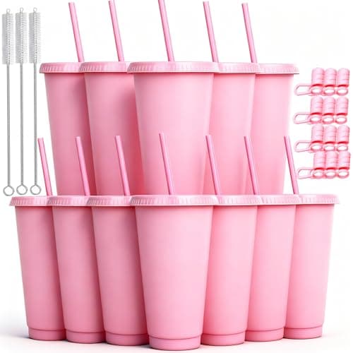 Alohastarttg 12 Pack Plastic Cups with lids and Straws Reusable 24 oz Tumbler Iced Coffee Cup Travel Mug Custom Cups for Party, Mean Girls Party Favors Bulk Gifts for Adults (12, Pink)