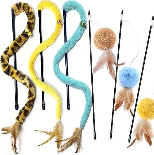 AZOFFYIU Cat Toys for Indoor ToysRainbow Cat Wand ToysFeather Flips Plush Ball Cat ToysInteractive Feather Toy for Teaser Play and Chase Exercise with Kitten 6 Pack