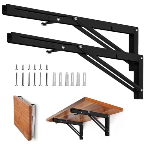 Storystore Folding Shelf Brackets - 20 Inch Heavy Duty Metal Collapsible Shelf Bracket for Bench Table, Shelf Hinge Wall Mounted Space Saving DIY Bracket, Max Load: 150 lb 2 PCS (Black)