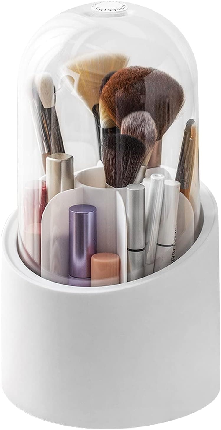 Niralasa Makeup Brush Holder with Lid 360 Rotating Makeup Organizers with Clear Acrylic Cover Cosmetic Brush Storage Box for Desk