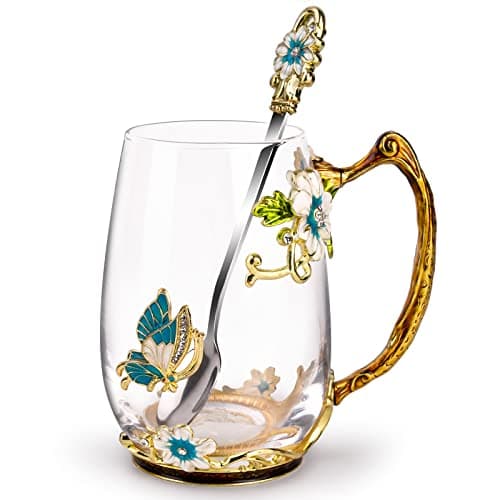 OEAGO Birthday Gifts for Women Mom Glass Coffee Enamels Mug Best Mothers Day Butterfly Gifts for Her from Daughter Son LeadFree Christmas Tea Cup with Spoon Sets