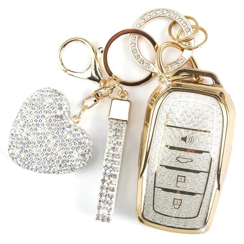 YIKECASE Key Fob Cover with Diamond Keychain Fit for Toyota Car Key Holder Compatible with Camry 2025, Venza 2019-2024, RAV4 Prime, Land Cruiser, Fortuner, Grand Highlander, Corolla, 4 Buttons (White)