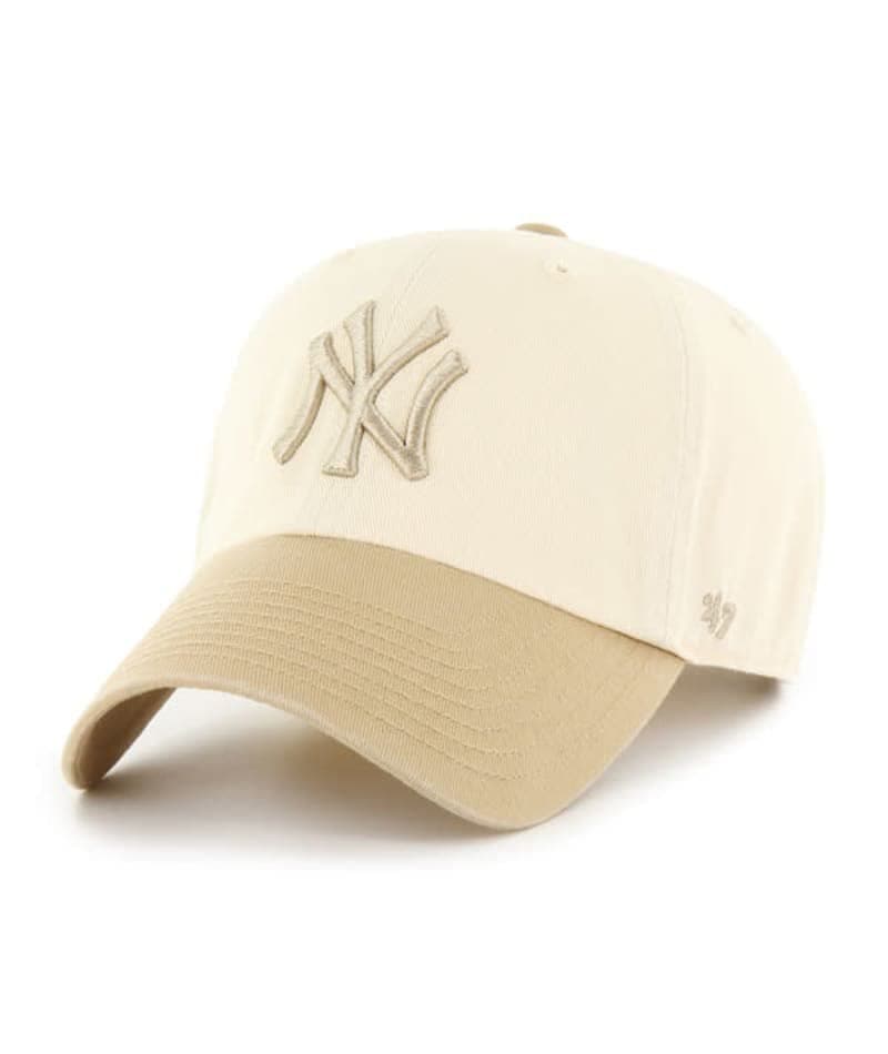'47 New York Yankees Mens Womens Two Tone Clean Up Adjustable Strapback Natural White/Khaki Hat with Tonal Logo