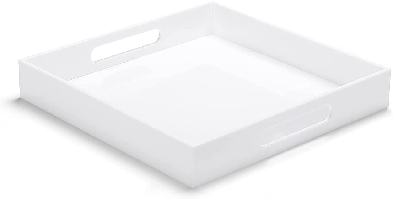 Milky White Durable Acrylic Tray with Handles 11 11 2 Inch Spill Proof Serving Tray Safe Edge Organizer Tray Decorative Tray for Living Room Kitchen Coffee Table by Lyptus