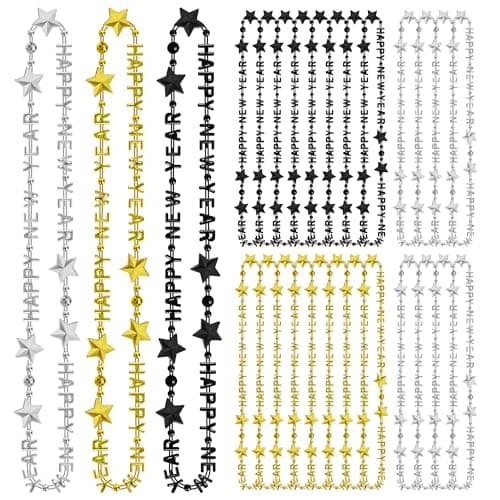 48PCS New Years Necklace 3 Kinds New Years Eve Bead Necklaces Party Supplies 2026 Bulk HAPPY NEW YEAR Star Necklace Accessories Black Gold Silver Bead Necklace 2026 for New Year Party Decorations