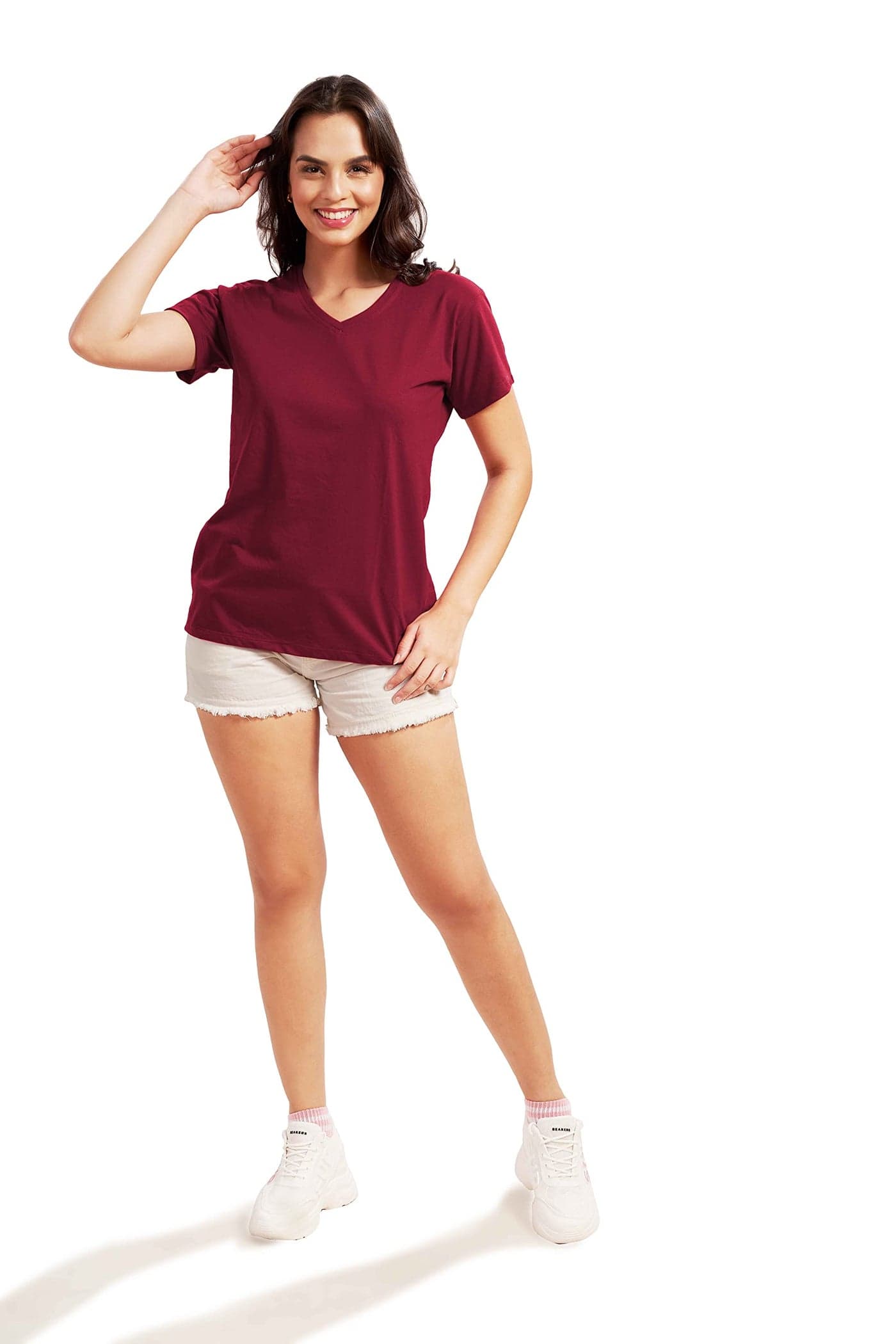 WEET Women Cotton V Neck Regular Fit T-Shirt (Xx-Large, Red)
