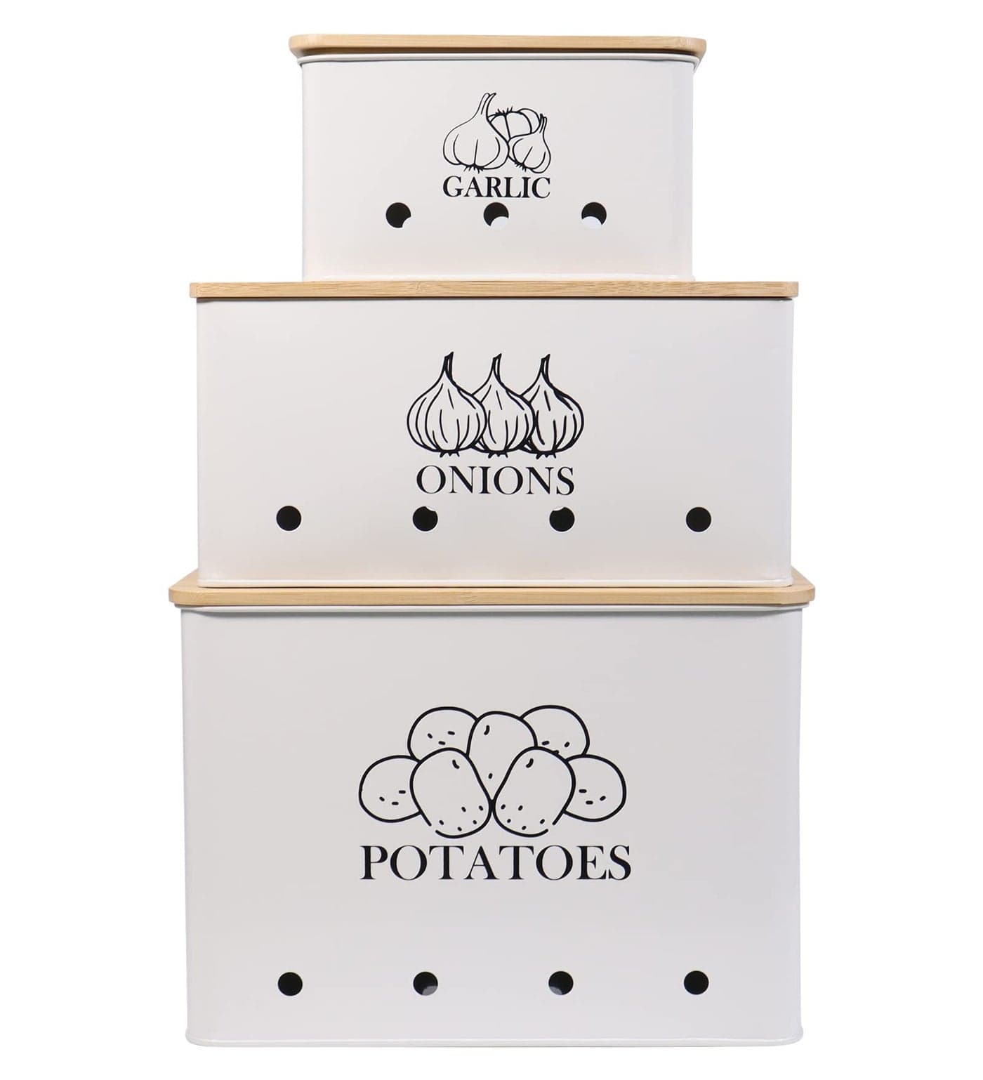 Kitchen Vegetable Storage Tins Set of 3 for Potato Onion Garlic with Wooden Lid Kitchen Storage Canisters Set Long Shelf Life White