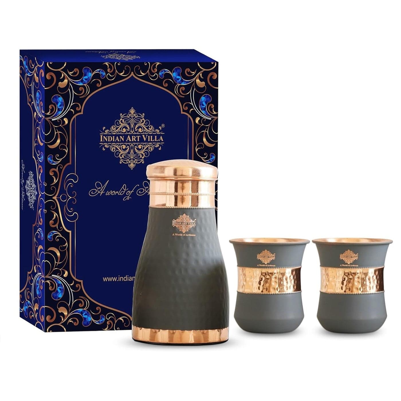 INDIAN ART VILLA Copper Bedroom Bottle Glass Set Grey Silk Finish 1100 ml Elegant Drinkware Gift Set