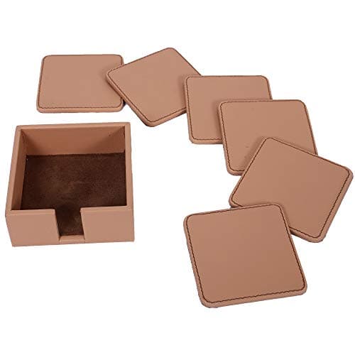 DFR Handmade Wooden -Leatherite Light Brown Colour Coaster- Set of 6 for Home Kitchen Office Desk (4x4 inch) Pack of 6