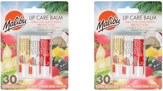 Malibu Sun SPF 30 Lip Balm Sunscreen Vanilla Tropical Strawberry 3 x 5g Pack of 2