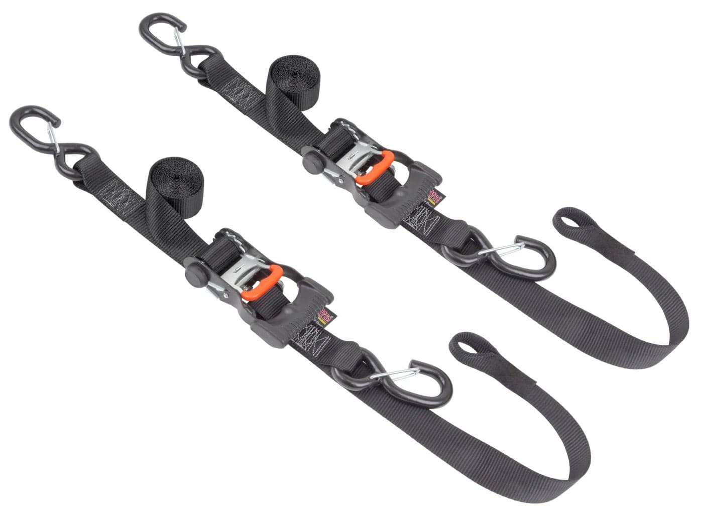 PowerTye 1.5in x 6.5ft Ergonomic Locking Ratchet Soft-Tye Straps with Heavy-Duty Latch Hooks - Made in USA - 1,000 lb. Working Load Limit / 3,000 lb. Breaking Strength - Black/Black (Pair)