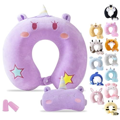 Cirorld Travel Pillow for Kids Adult Cute Neck Pillow for Traveling Memory Foam Airplane Pillow Sleep Mask Animal Flight Pillow Head Rest Neck Support for Cars Long Flights (Purple, 9-12 Y/O)