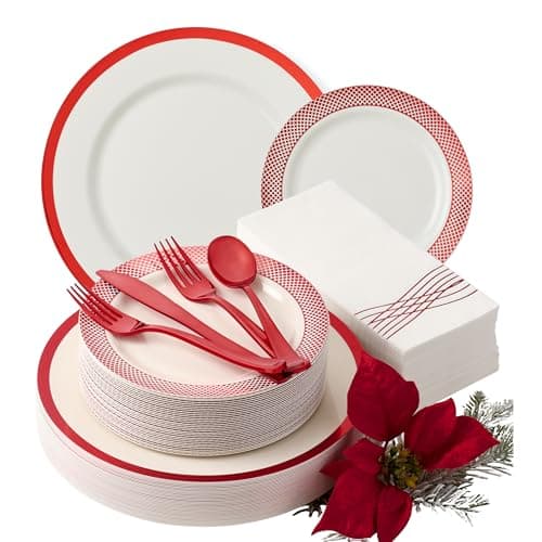 By Madee HEAVYWEIGHT 175 Pc Christmas Plates and Napkins Disposable | White with Red Trim Plastic Plates, Silverware & Napkins | Fancy Disposable Dinnerware Set for Weddings & Party (25 Guests)